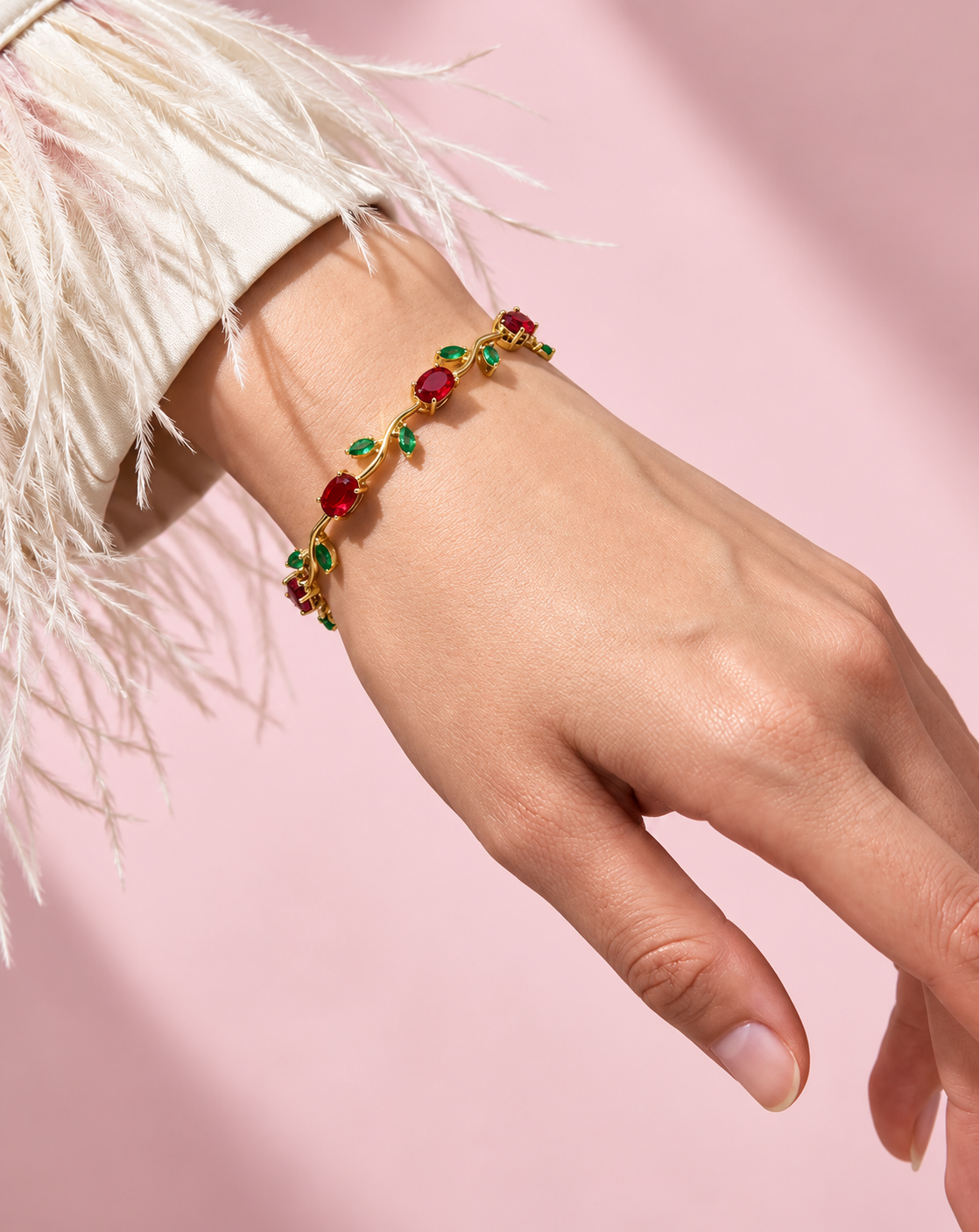 Gold Plated Red & Green Crystal Floral Bracelet for Women - product image 2