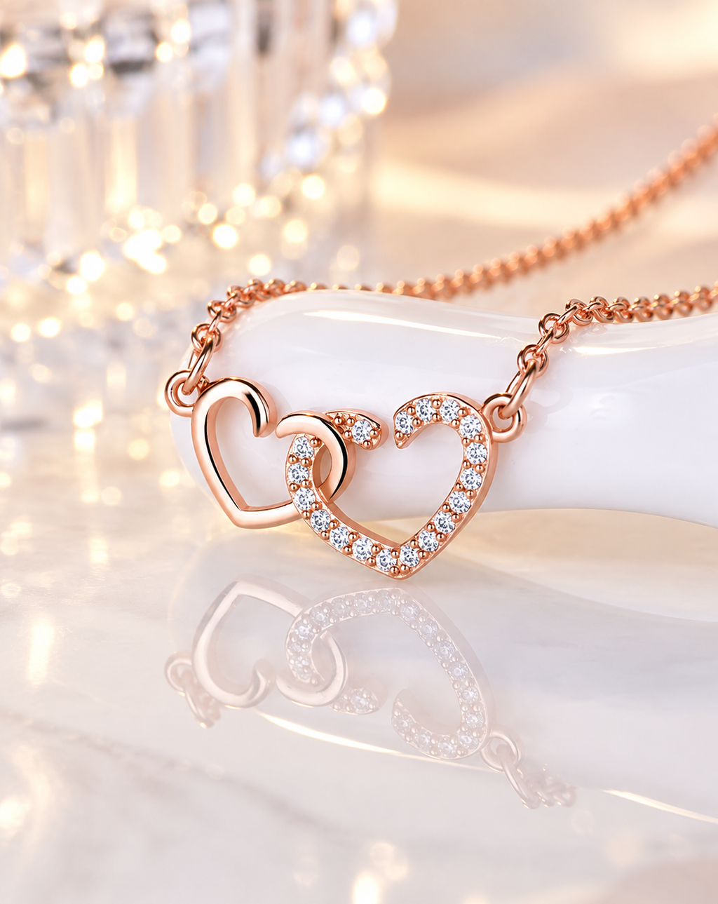 Rose Gold Plated Double Heart Crystal Necklace for Women - product image 4