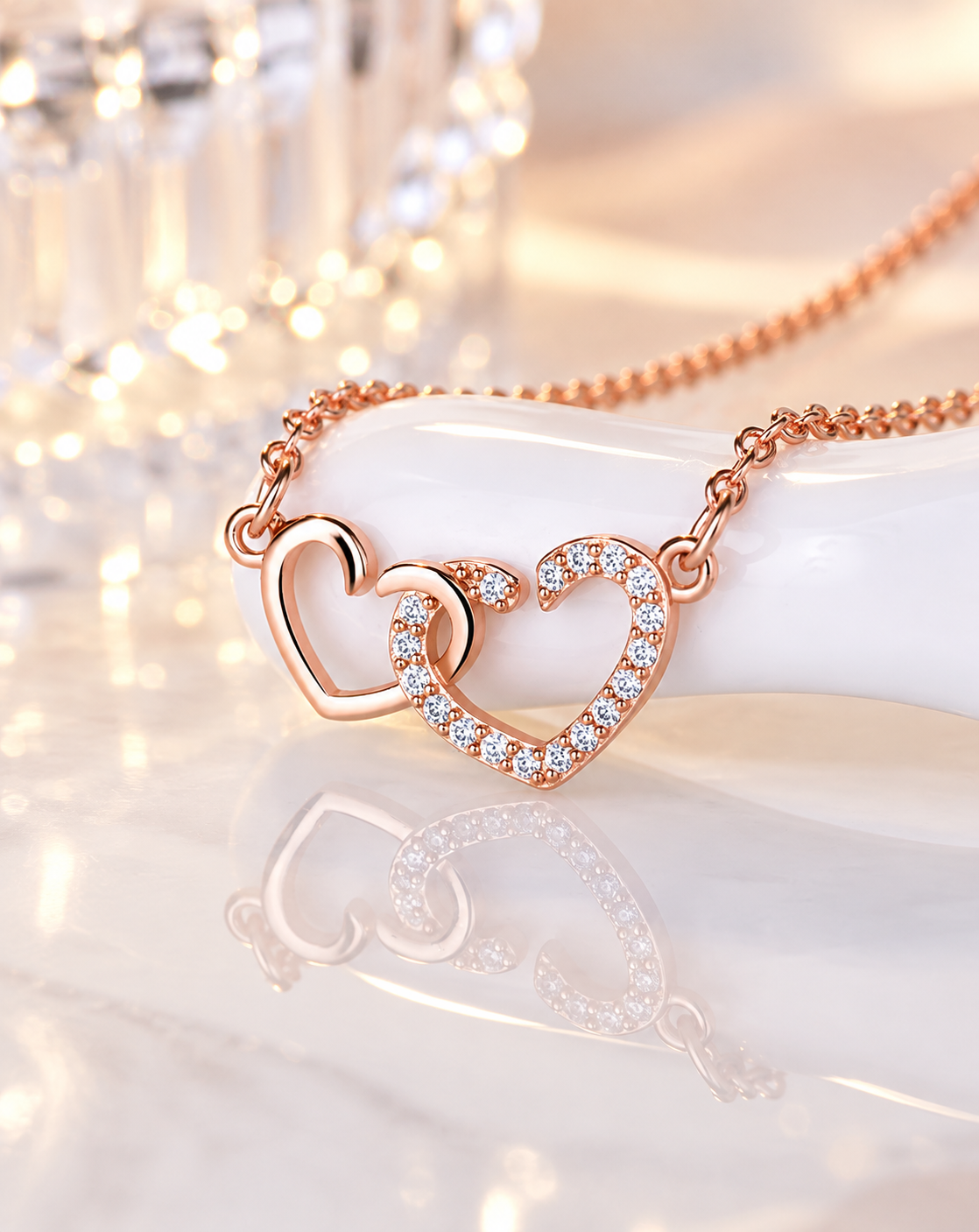 Rose Gold Plated Double Heart Crystal Necklace for Women - product image 4