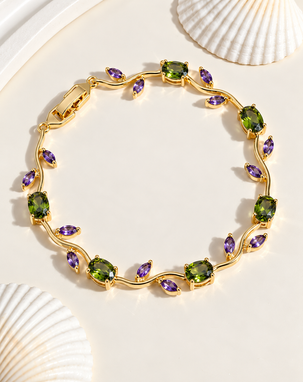 Gold Plated Green & Purple Crystal Floral Bracelet for Women - product image 3