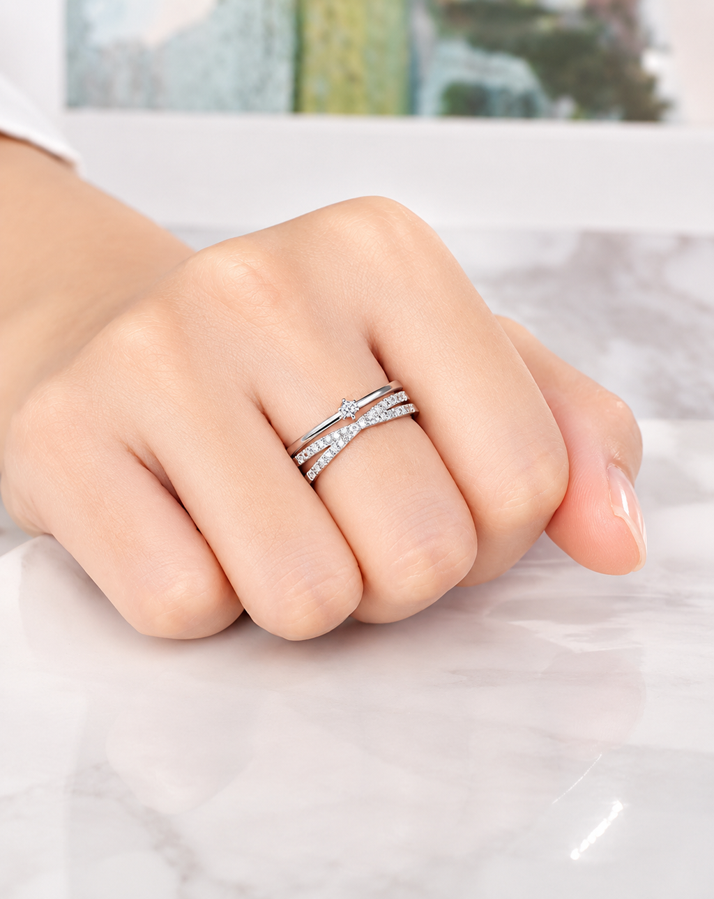 Silver Plated Crystal Double Band Open Ring for Women - product image 2