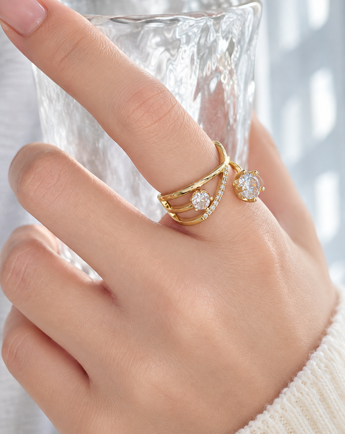 Gold Plated Double Crystal Crossover Open Ring for Women - product image 3