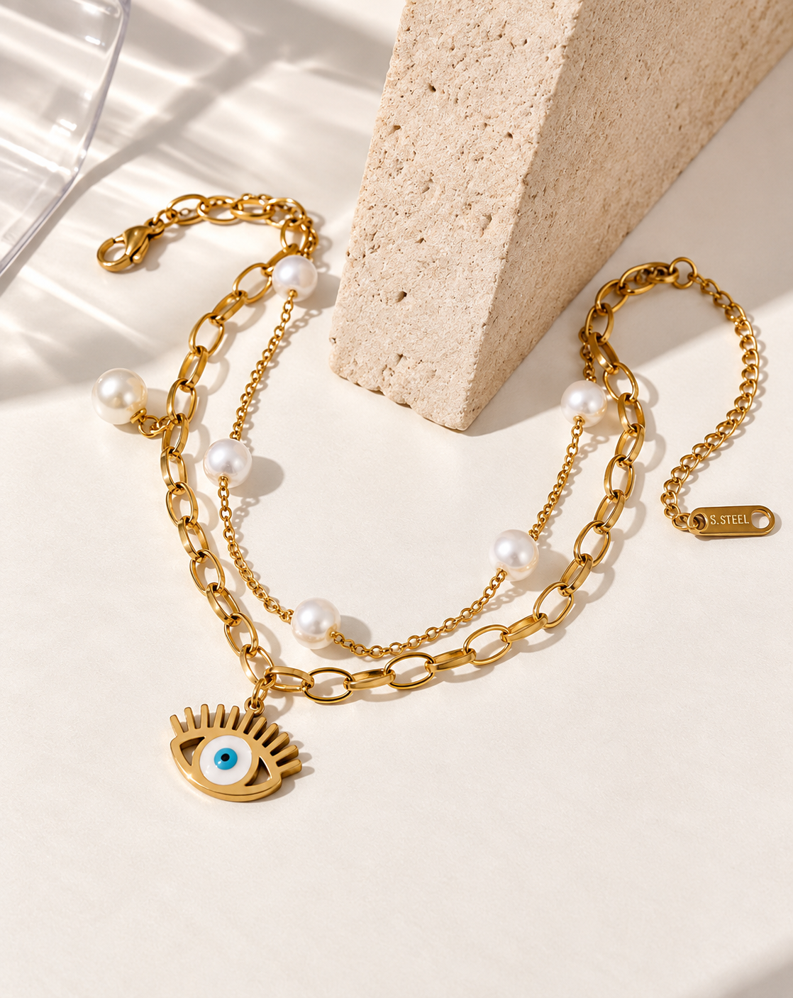 Gold Plated Pearl & Evil Eye Layered Charm Bracelet for Women - product image 3
