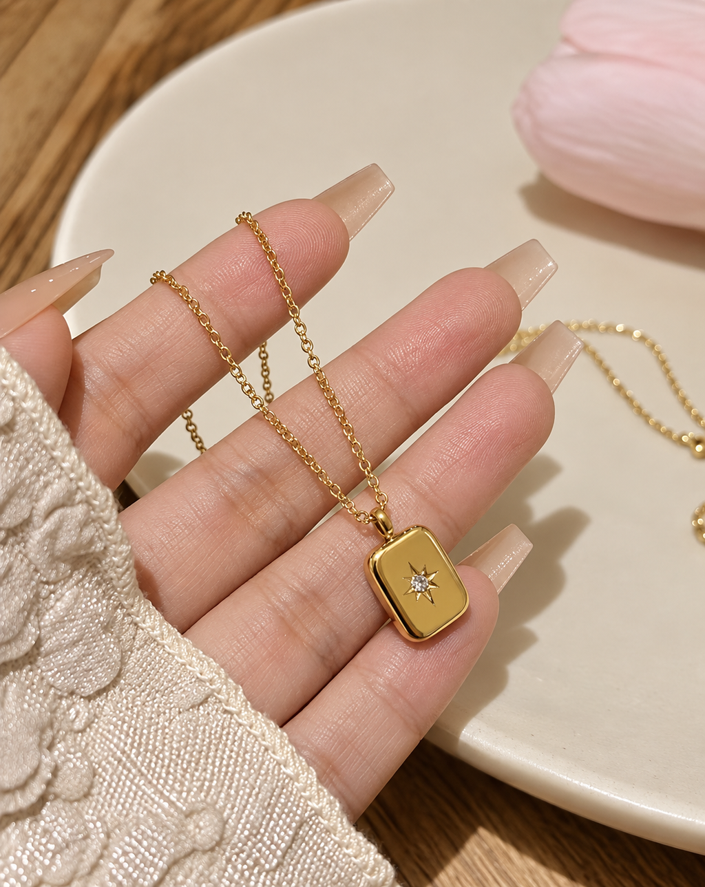 Gold Plated Crystal Rectangle Pendant Necklace for Women - product image 3