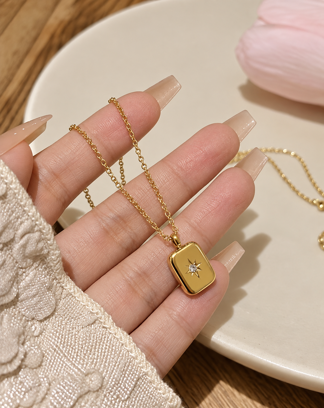 Gold Plated Crystal Rectangle Pendant Necklace for Women - product image 3