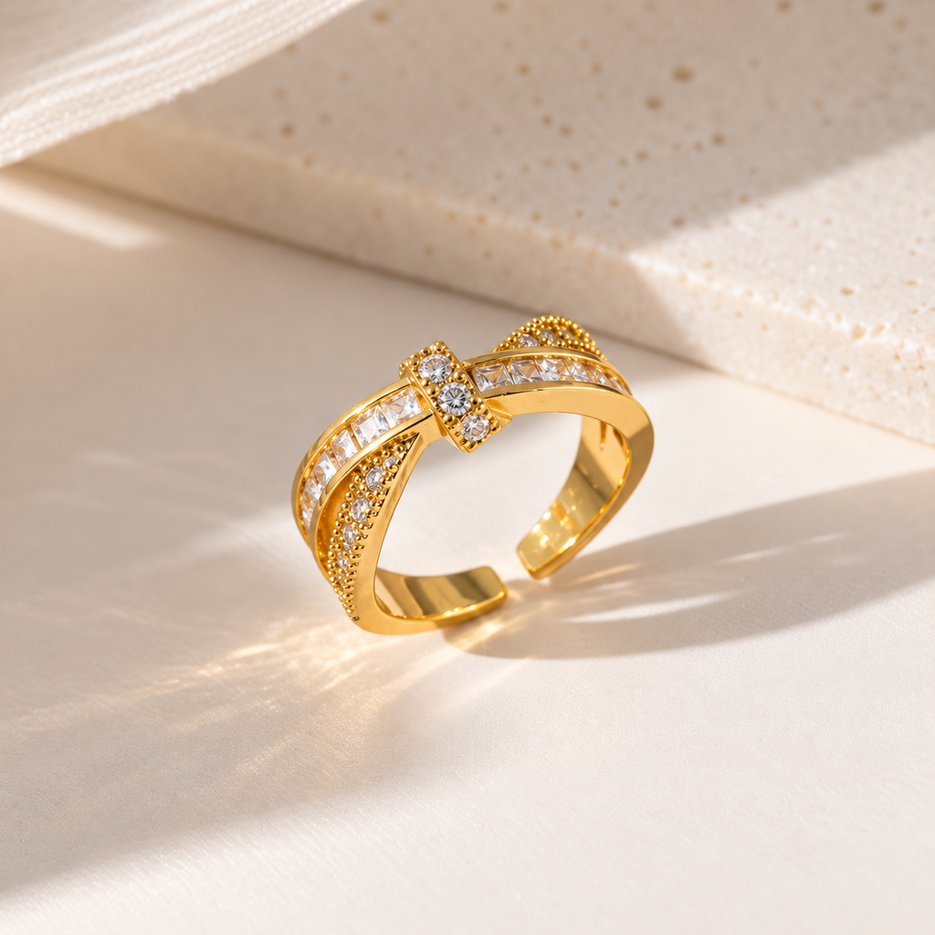 Gold Plated Crystal Bow Crossover Open Ring for Women - product image 4