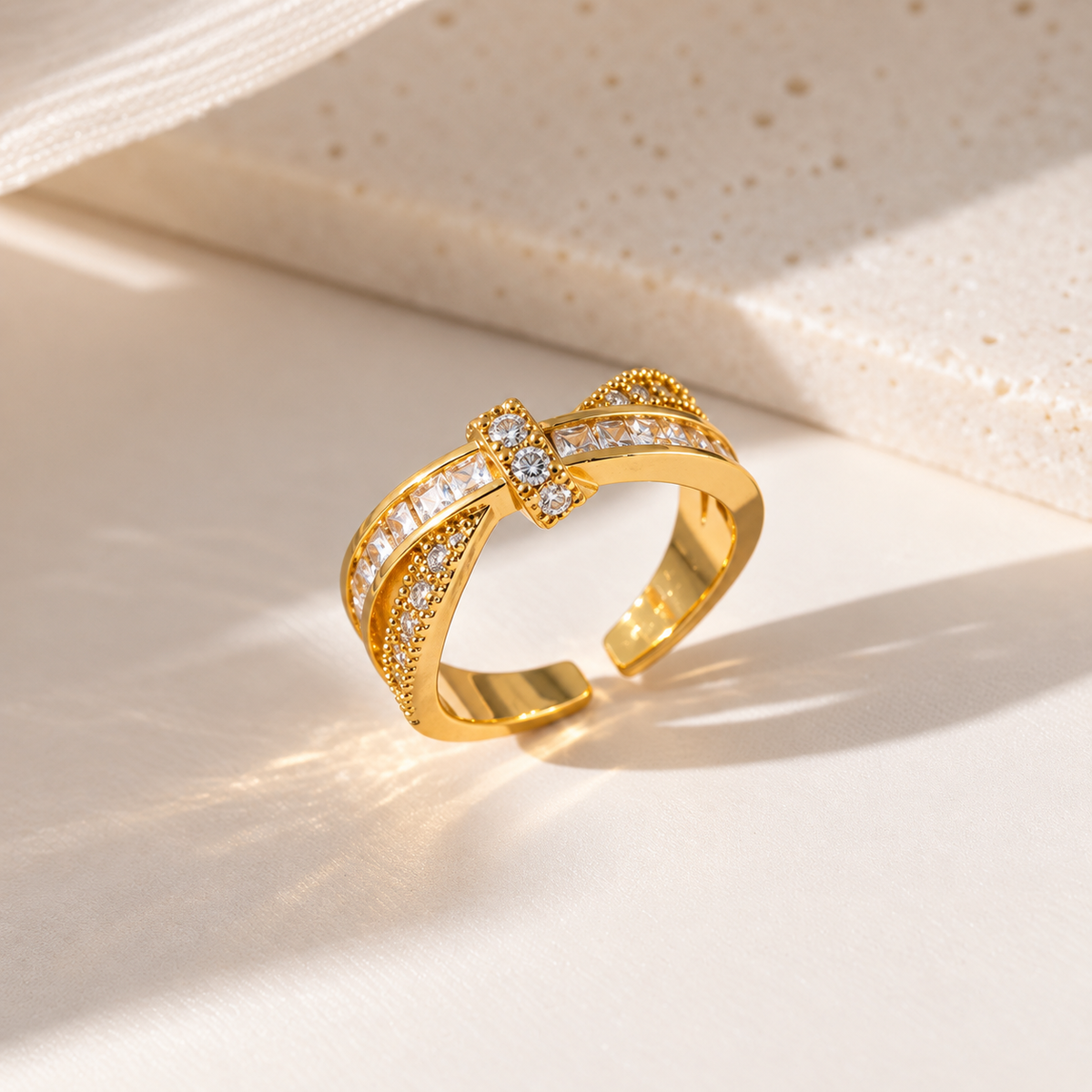Gold Plated Crystal Bow Crossover Open Ring for Women - product image 4