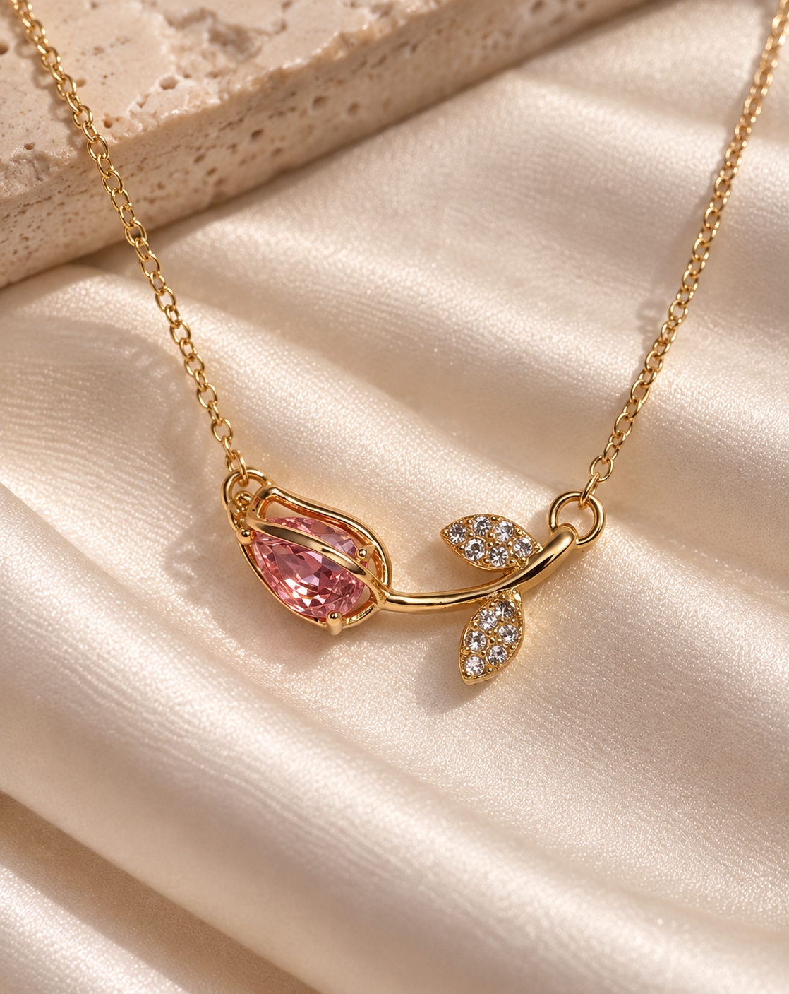 Gold Plated Pink Crystal Leaf Pendant Necklace for Women - product image 4