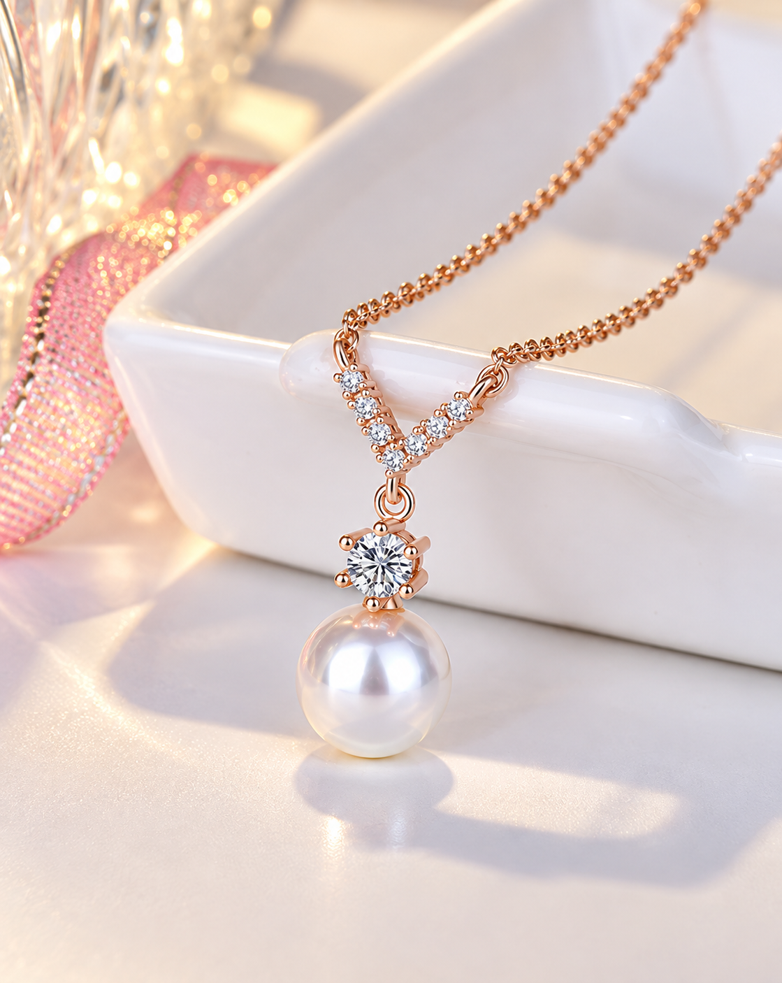 Rose Gold Plated Pearl & Crystal Pendant Necklace for Women - product image 4
