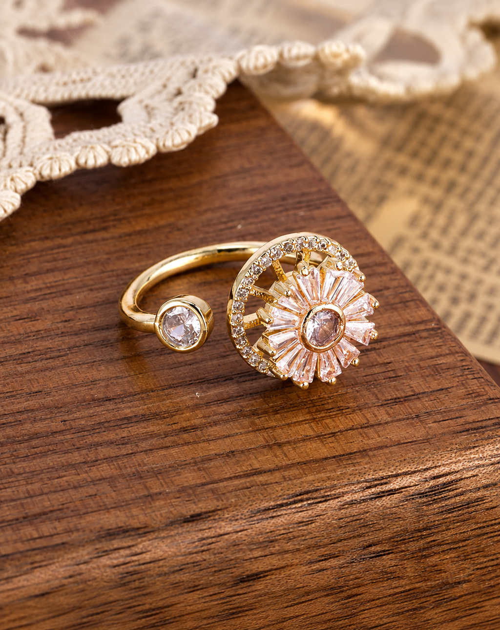 Gold Plated Pink Crystal Floral Open Ring for Women - product image 4