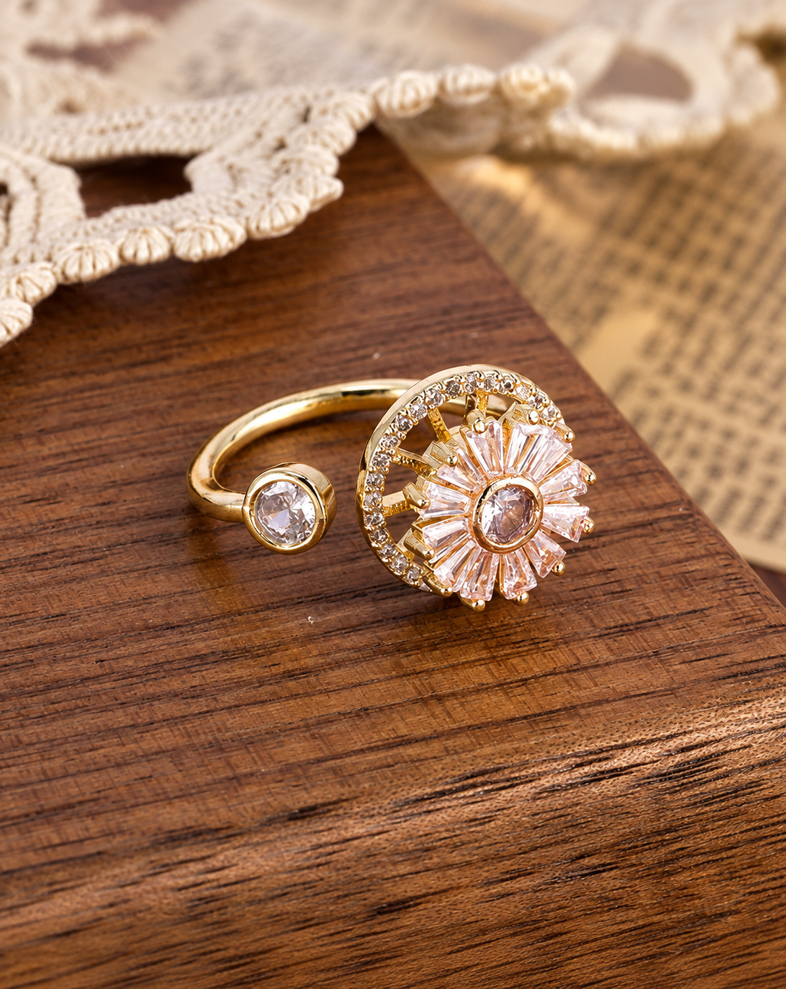 Gold Plated Pink Crystal Floral Open Ring for Women - product image 4