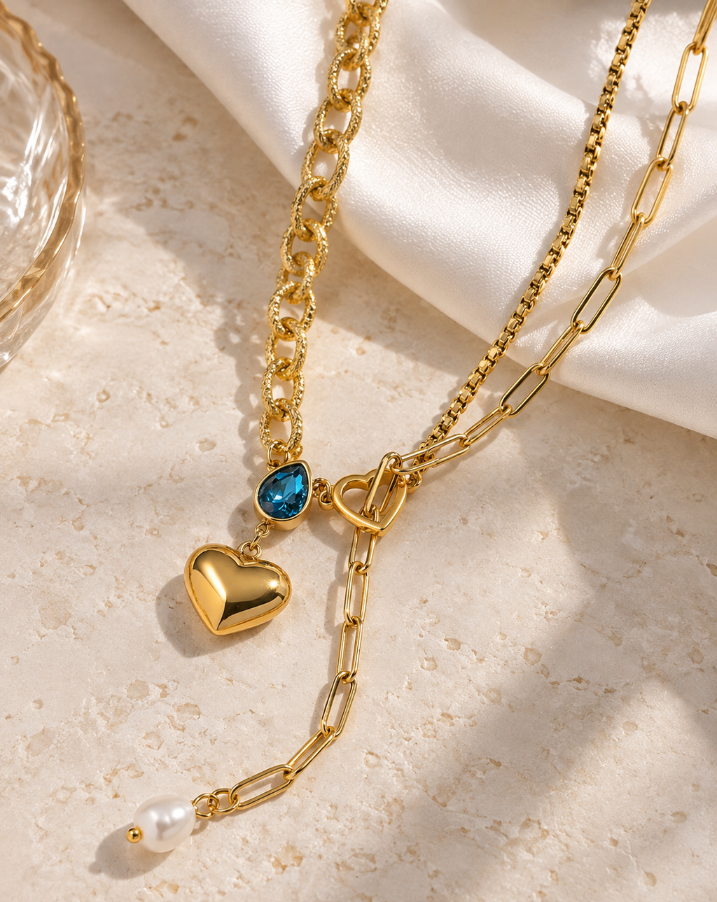 Gold Plated Blue Crystal Heart & Pearl Layered Necklace for Women - product image 3