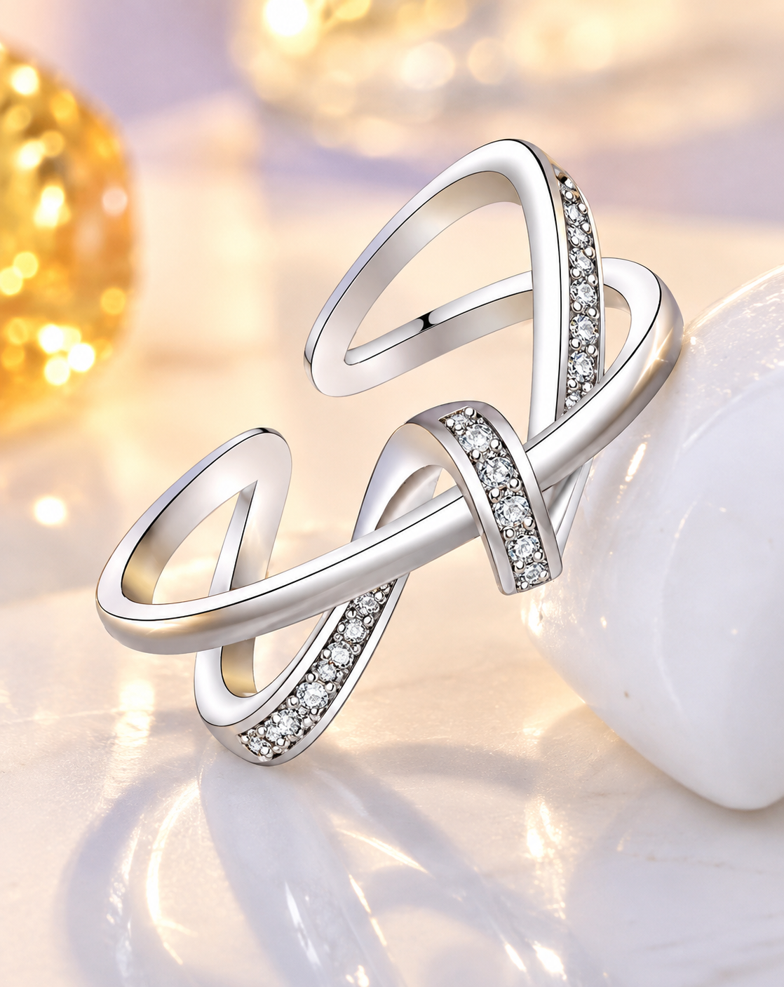 Silver Plated Crystal Crossover Open Ring for Women - product image 4