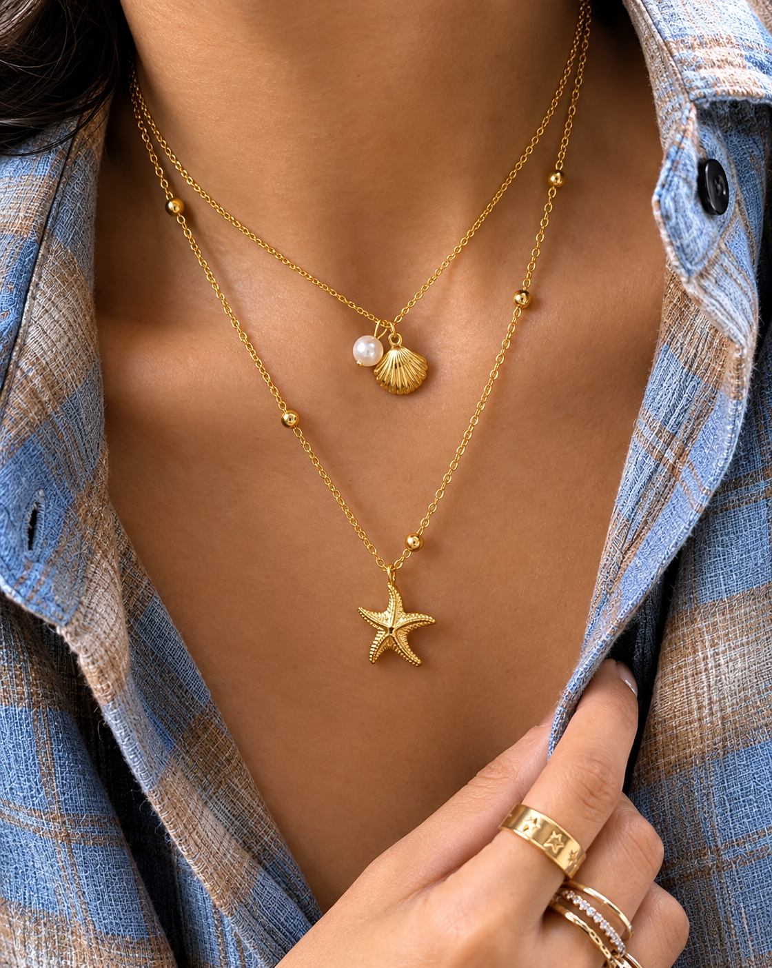 Gold Plated Pearl & Starfish Layered Necklace for Women - product image 3