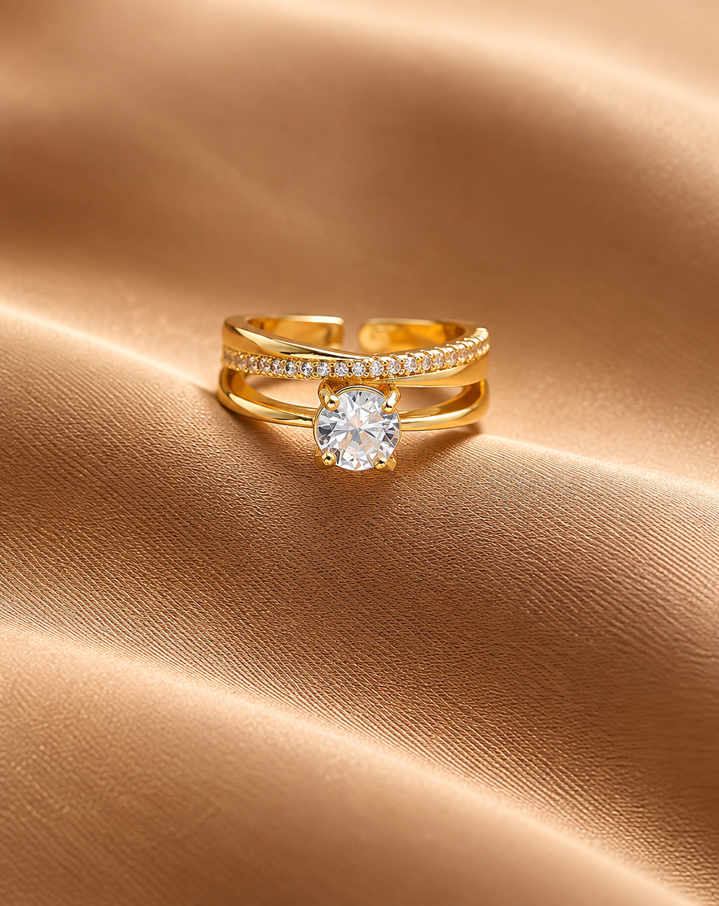 Gold Plated Solitaire Crystal Double Band Open Ring for Women - product image 3