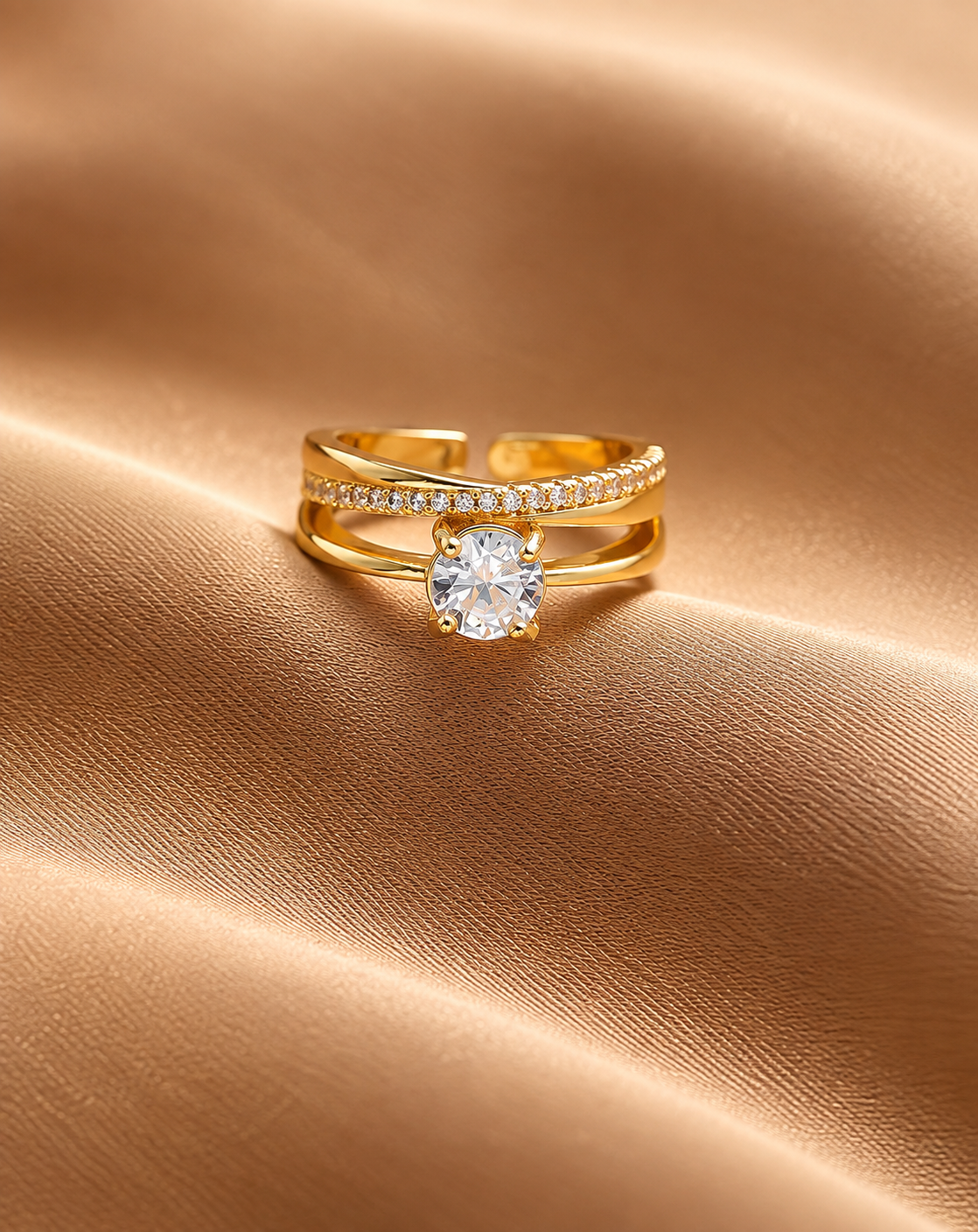 Gold Plated Solitaire Crystal Double Band Open Ring for Women - product image 3