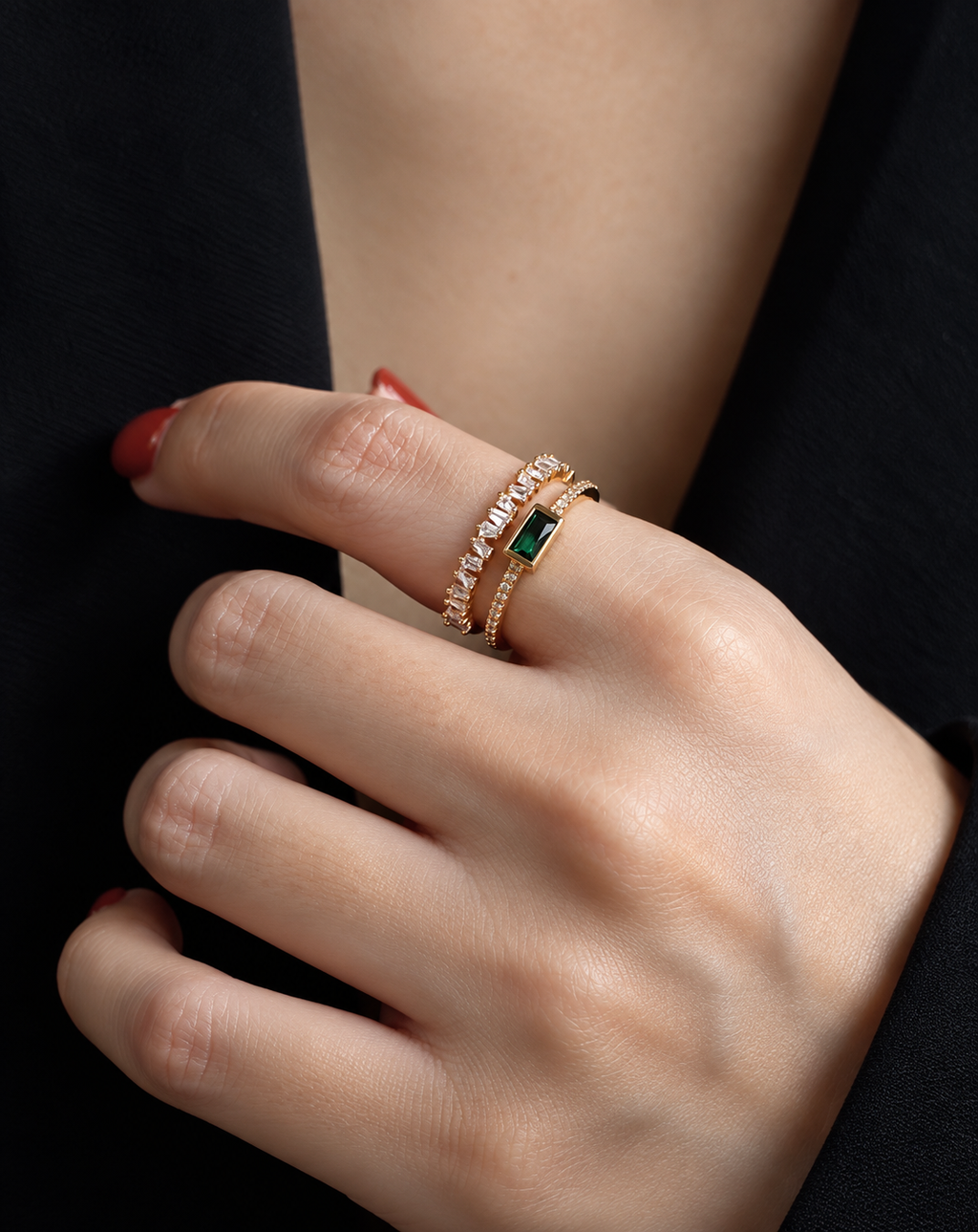 Gold Plated Green Crystal Double Band Ring for Women - product image 3
