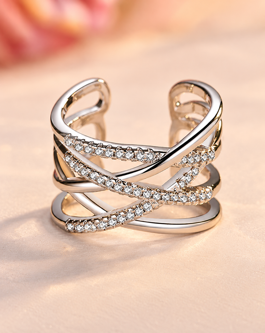 Silver Plated Crystal Crossover Statement Open Ring for Women - product image 4