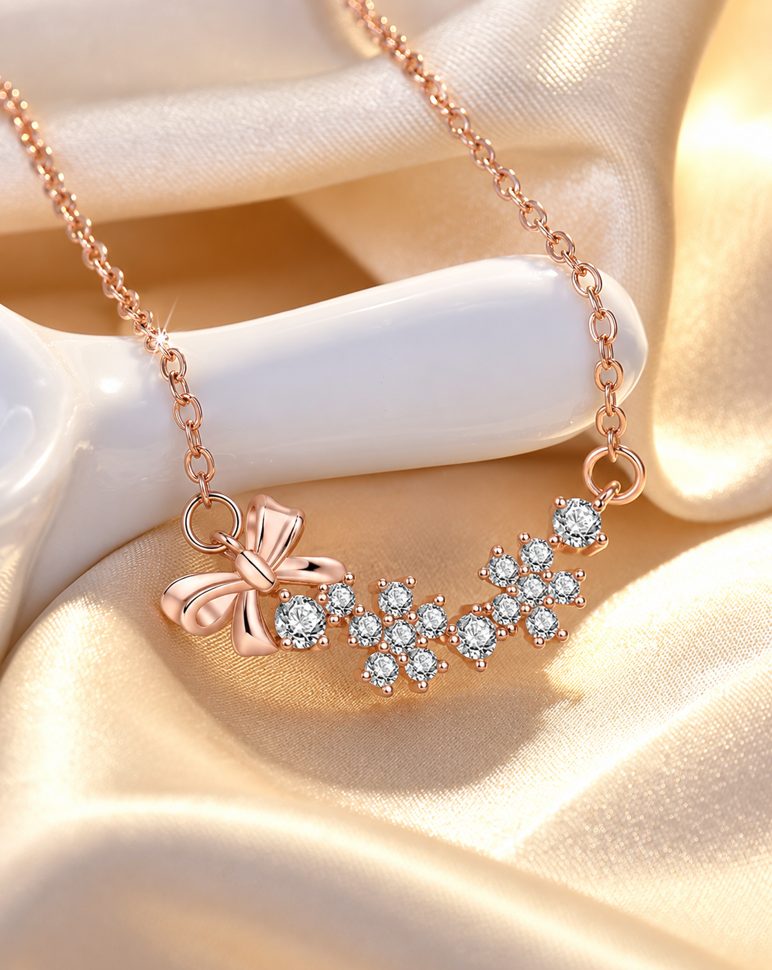 Rose Gold Plated Crystal Floral Bow Necklace for Women - product image 4