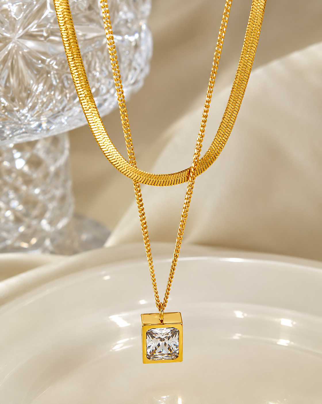 Gold Plated Crystal Rectangle Layered Necklace for Women - product image 4