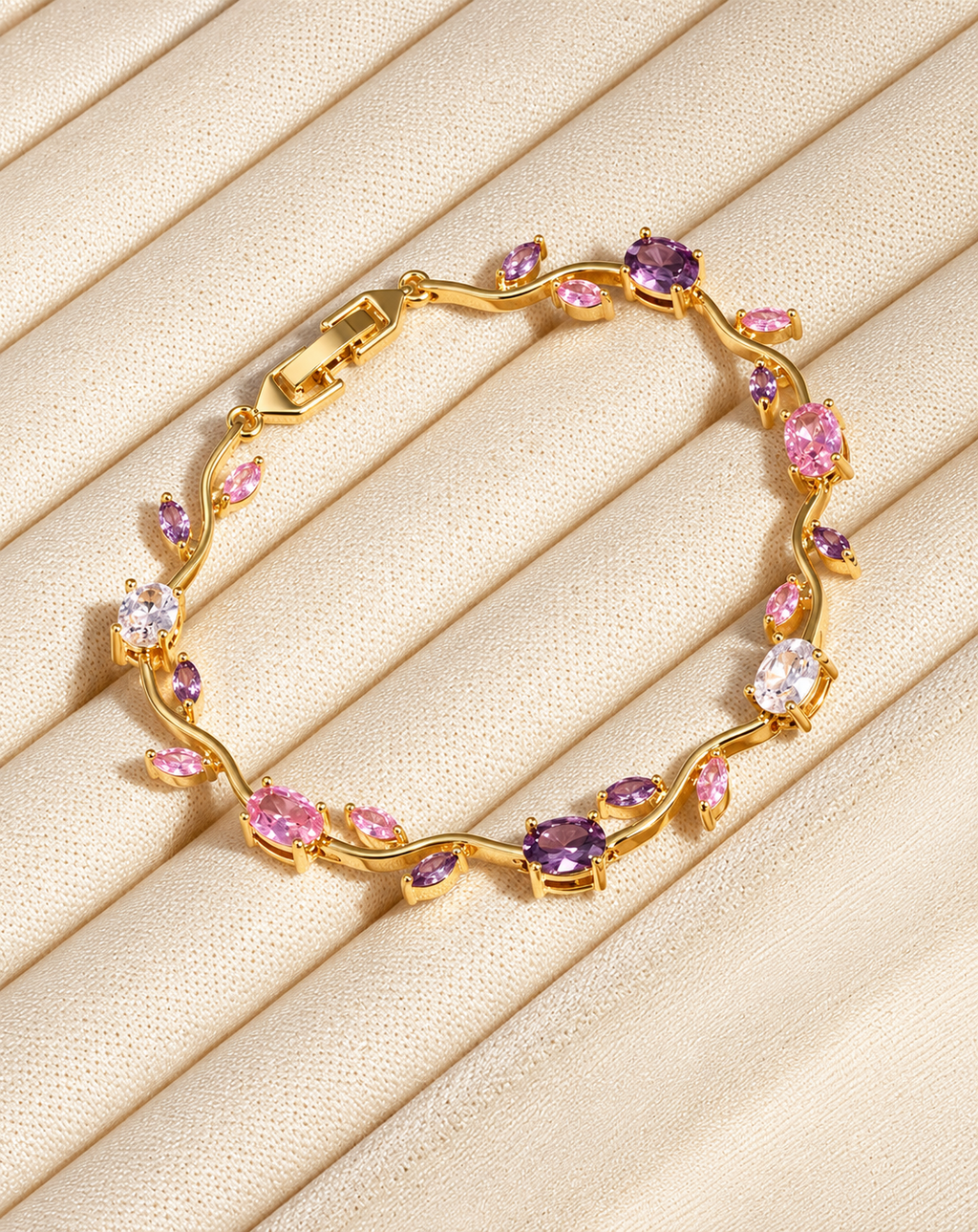 Gold Plated Pink & Purple Crystal Floral Bracelet for Women - product image 3
