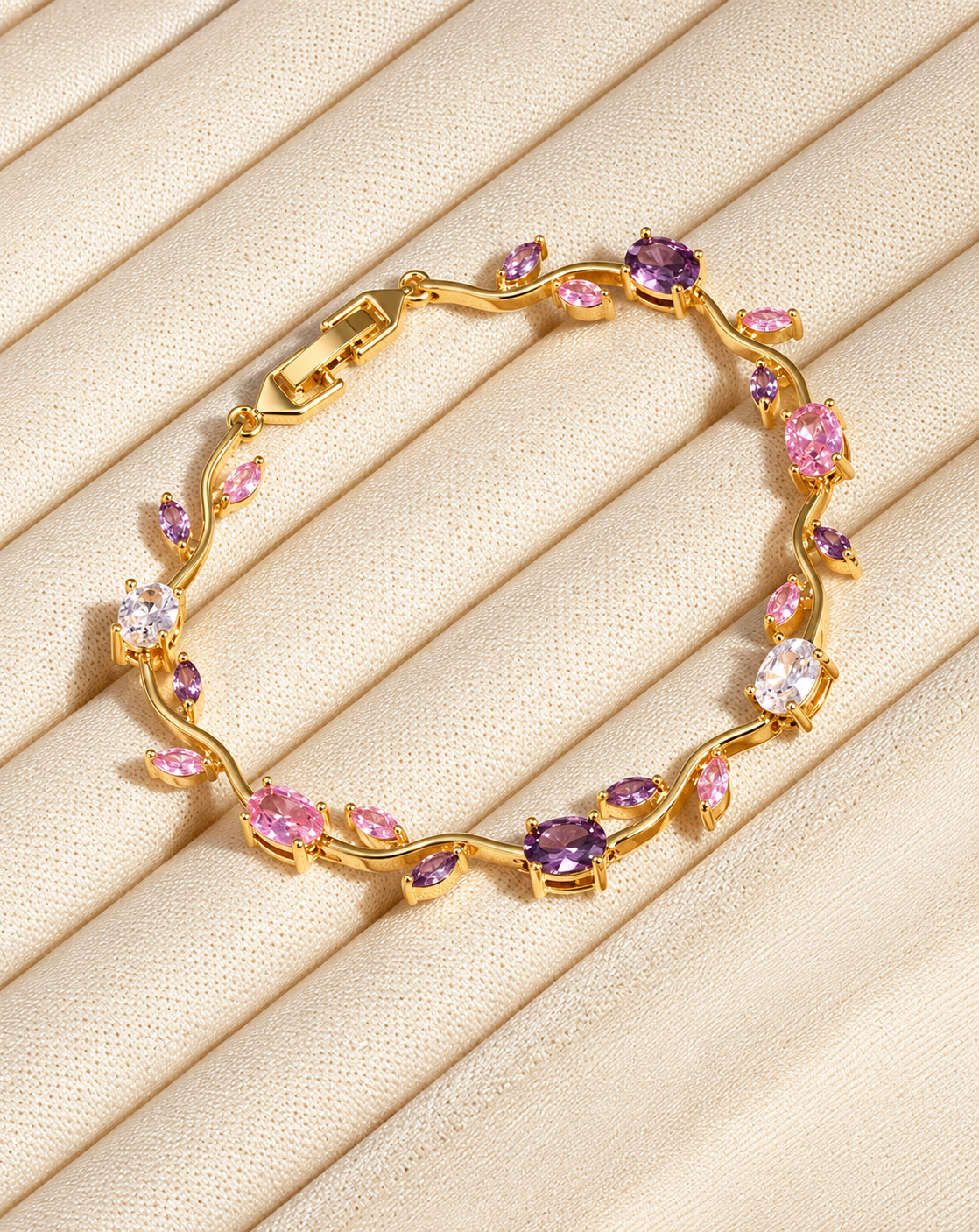 Gold Plated Pink & Purple Crystal Floral Bracelet for Women - product image 3