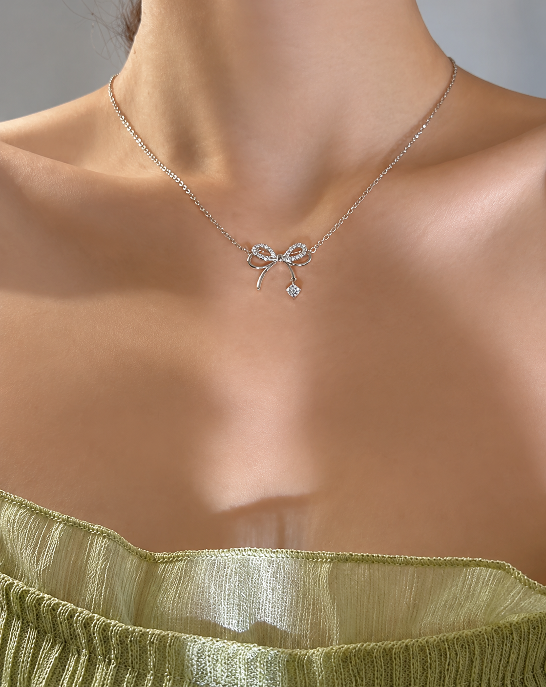 Silver Plated Crystal Bow Pendant Necklace for Women - product image 2
