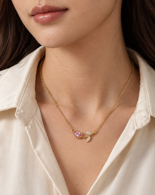 Gold Plated Pink Crystal Leaf Pendant Necklace for Women - product image 2