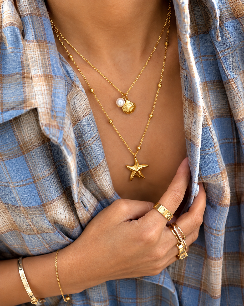 Gold Plated Pearl & Starfish Layered Necklace for Women - product image 2