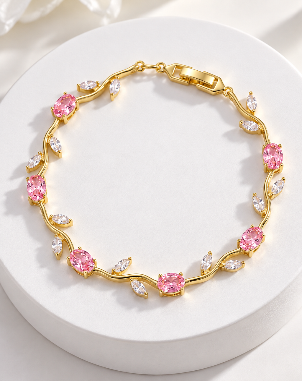 Gold Plated Pink Crystal Floral Bracelet for Women - product image 4