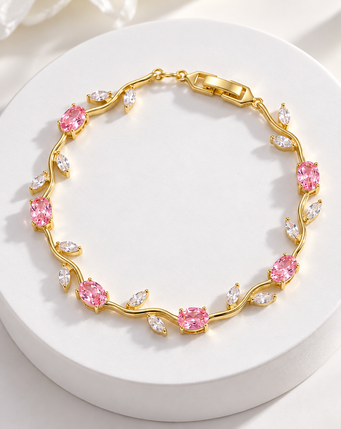 Gold Plated Pink Crystal Floral Bracelet for Women - product image 4