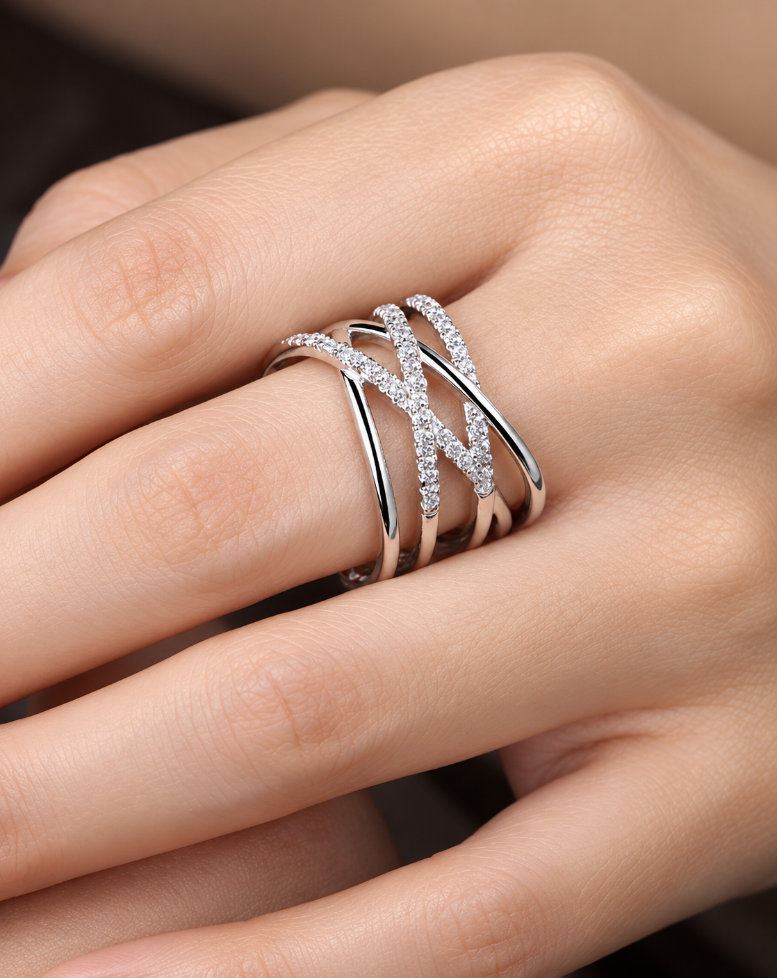 Silver Plated Crystal Crossover Statement Open Ring for Women - product image 3