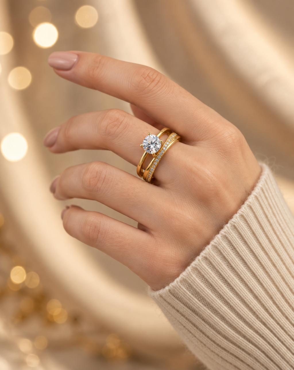 Gold Plated Solitaire Crystal Double Band Open Ring for Women - product image 2