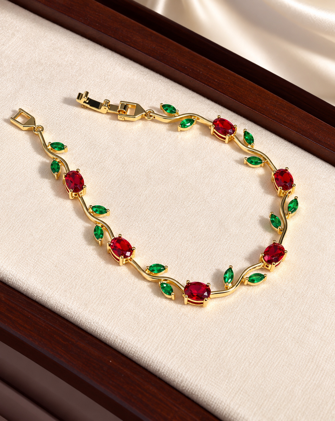 Gold Plated Red & Green Crystal Floral Bracelet for Women - product image 3
