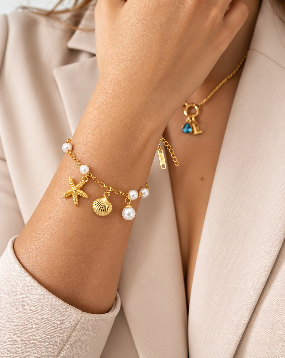 Gold Plated Pearl Starfish & Shell Charm Bracelet for Women - product image 2