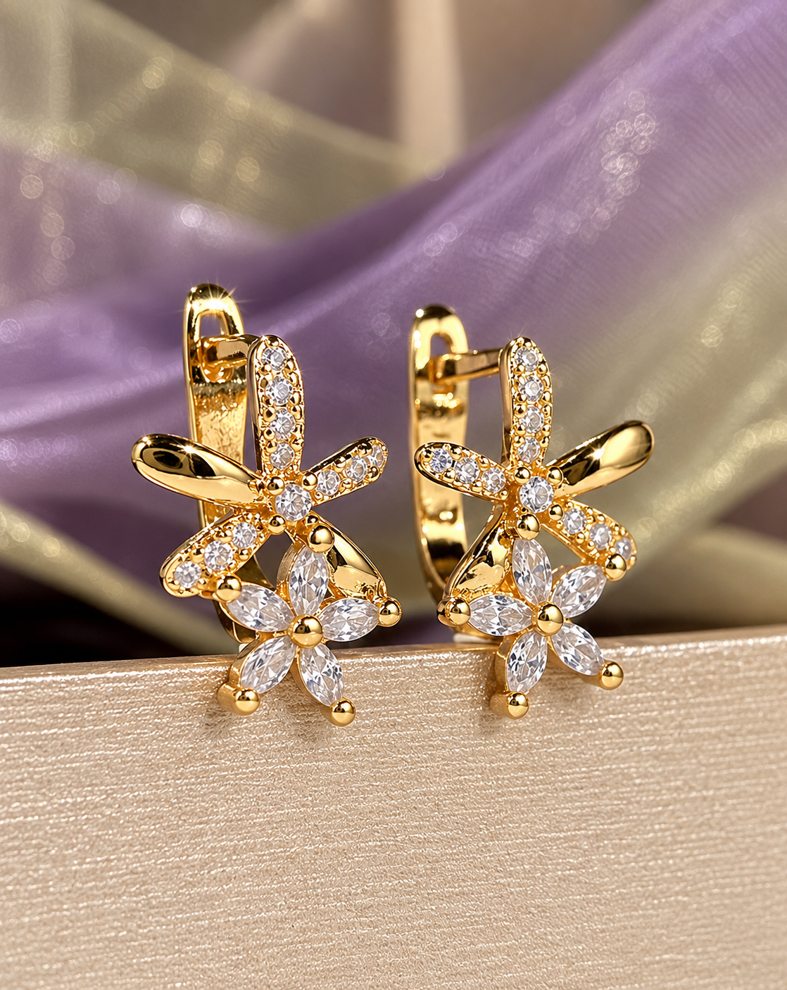 Gold Plated Floral Crystal Drop Earrings for Women - product image 4