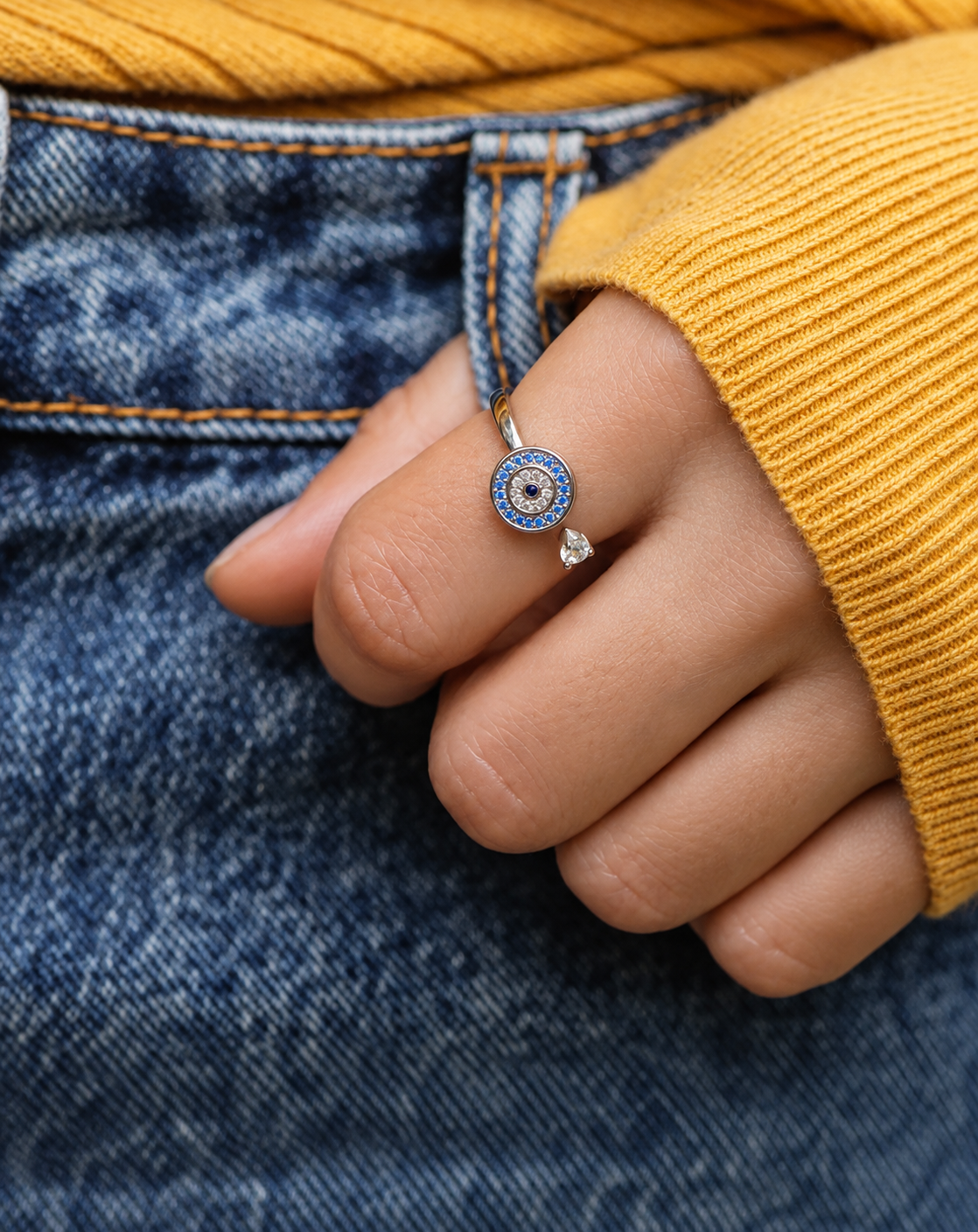Silver Plated Blue Evil Eye Crystal Open Ring for Women - product image 2