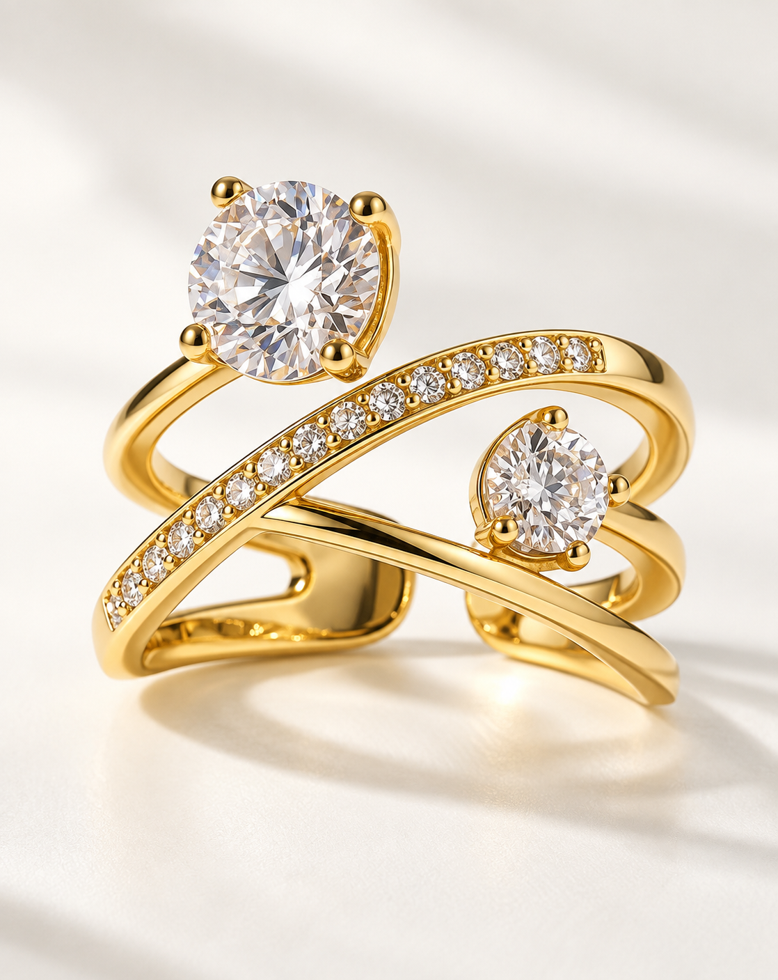 Gold Plated Double Crystal Crossover Open Ring for Women - product image 4