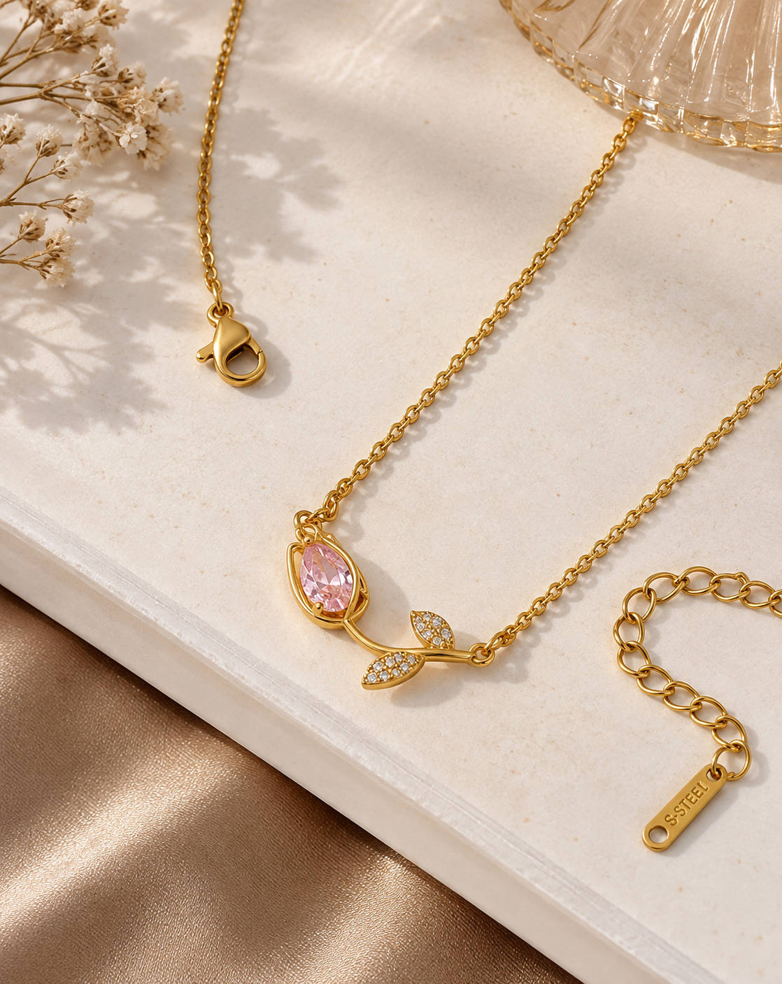 Gold Plated Pink Crystal Leaf Pendant Necklace for Women - product image 3