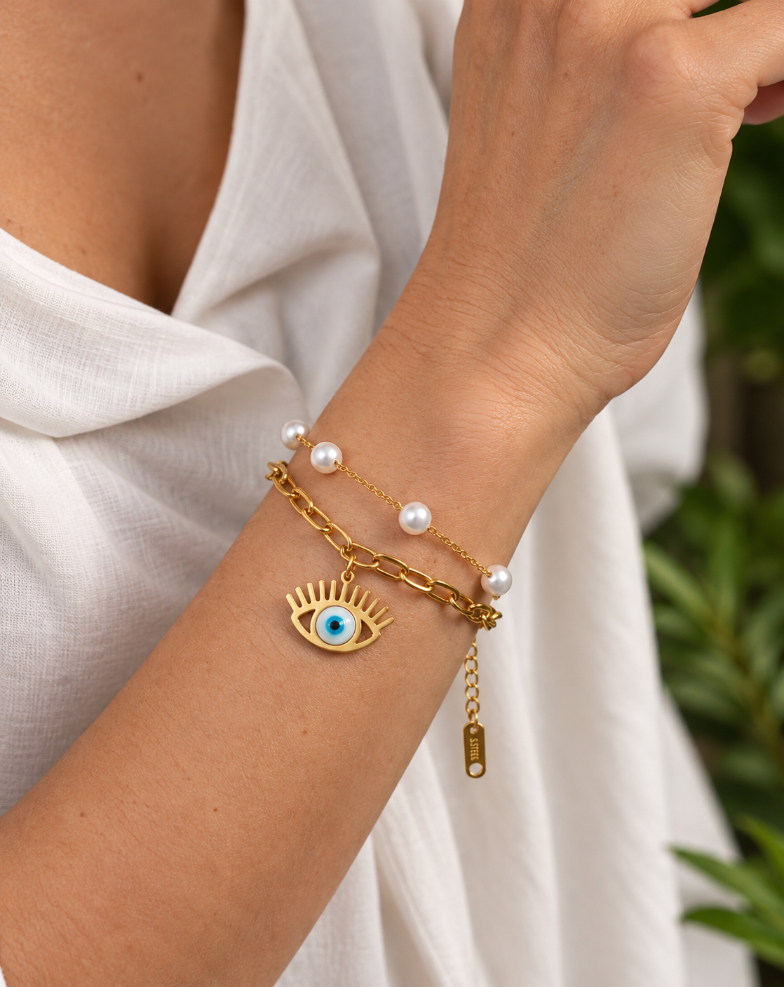Gold Plated Pearl & Evil Eye Layered Charm Bracelet for Women - product image 2