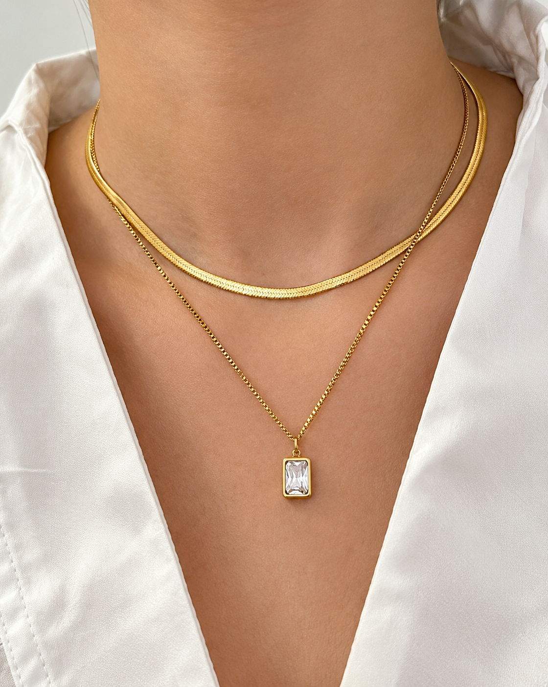 Gold Plated Crystal Rectangle Layered Necklace for Women - product image 3