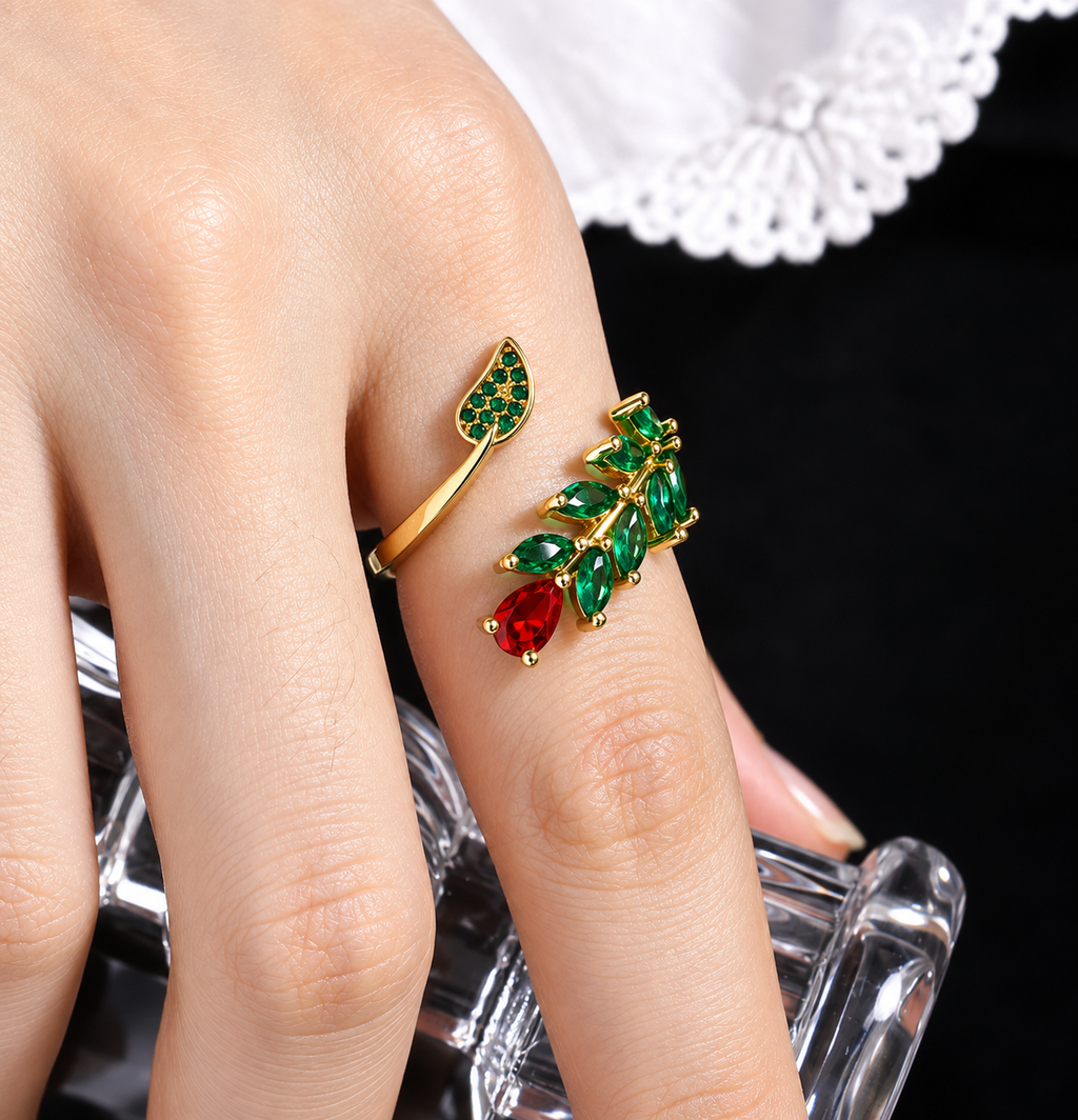 Gold Plated Red & Green Floral Open Ring for Women - product image 2