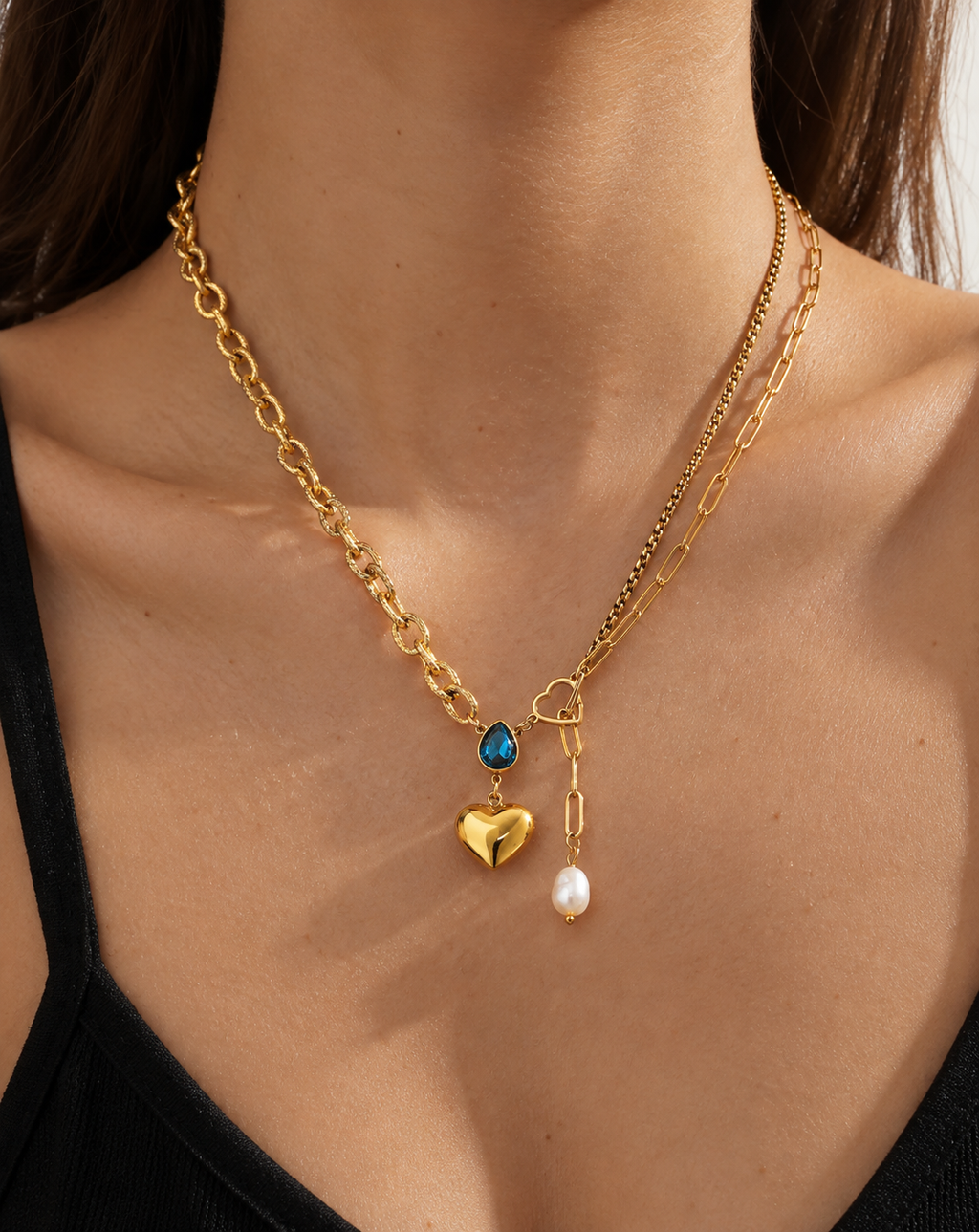 Gold Plated Blue Crystal Heart & Pearl Layered Necklace for Women - product image 2