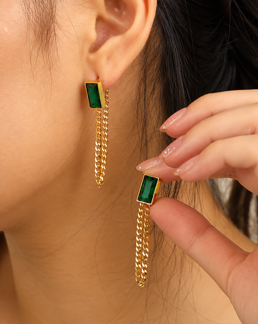Gold Plated Green Crystal Chain Drop Earrings for Women - product image 2