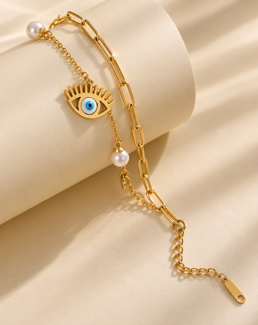 Gold Plated Pearl & Evil Eye Layered Charm Bracelet for Women - product image 4