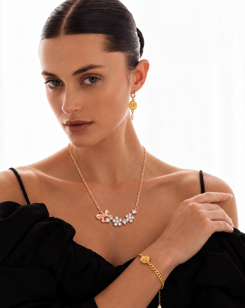 Rose Gold Plated Crystal Floral Bow Necklace for Women - product image 3