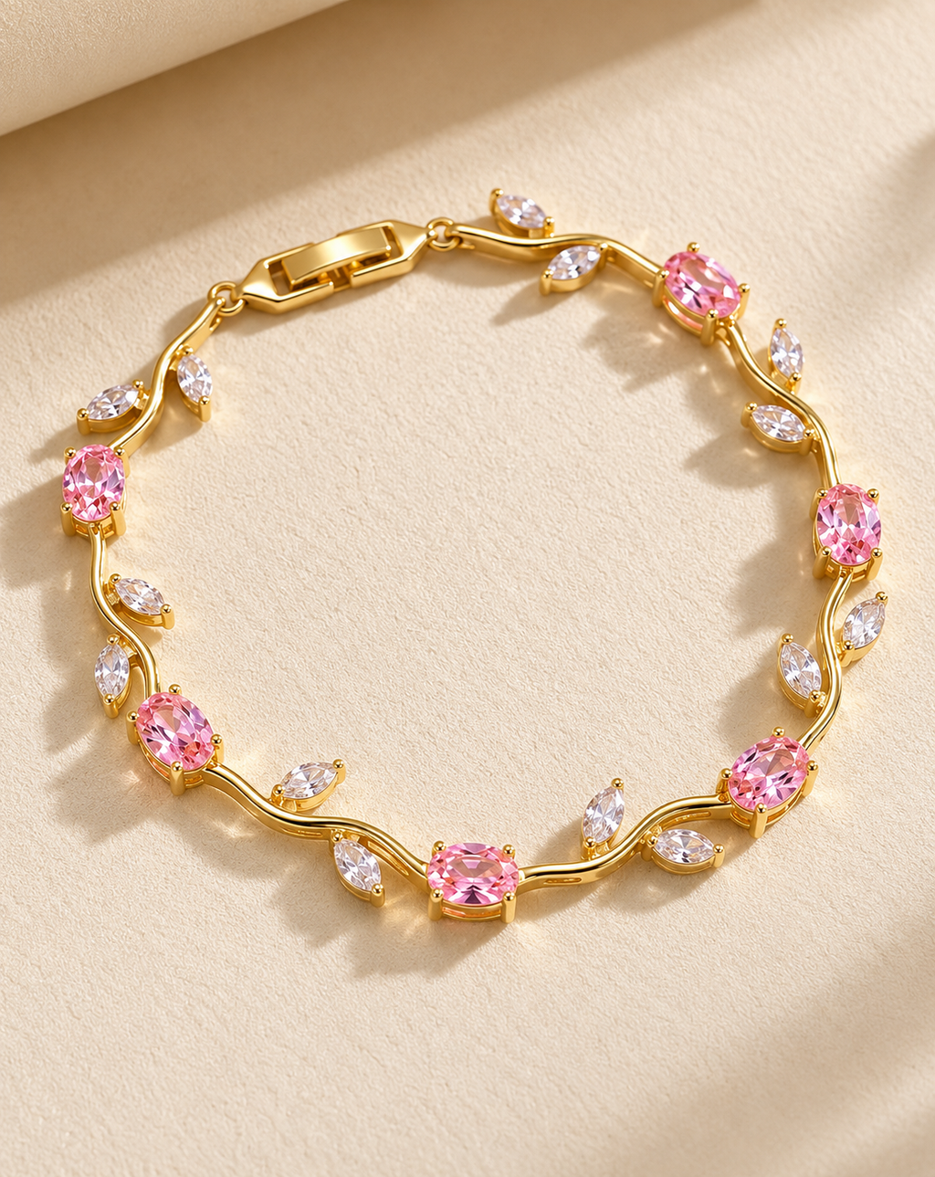 Gold Plated Pink Crystal Floral Bracelet for Women - product image 3