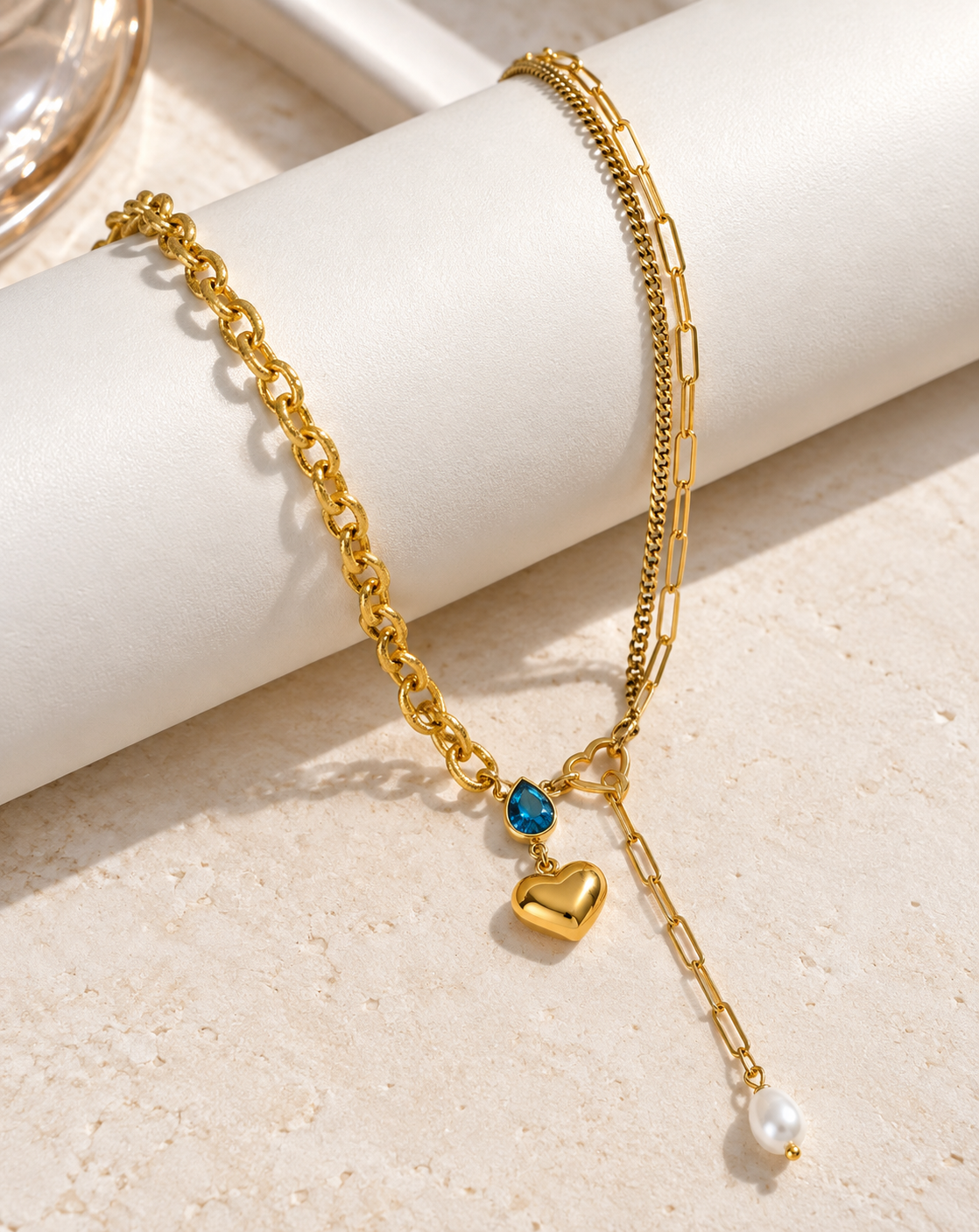Gold Plated Blue Crystal Heart & Pearl Layered Necklace for Women - product image 4