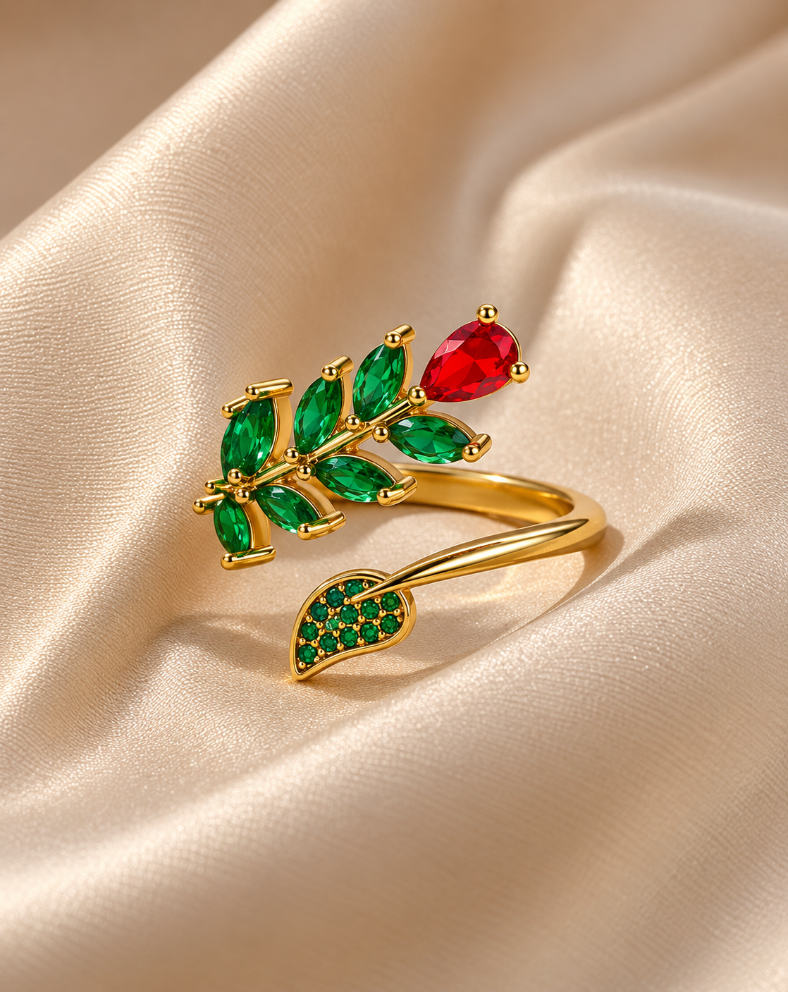 Gold Plated Red & Green Floral Open Ring for Women - product image 4