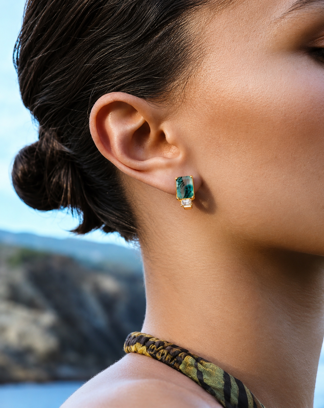 Green Agate Geometric Stud Earrings | 18K Gold-Plated S925 Silver
